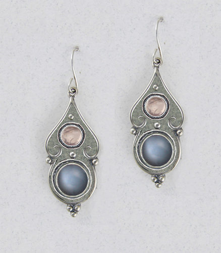 Sterling Silver Gothic Look With Grey Moonstone And Rose Quartz Gemstone Drop Dangle Earrings